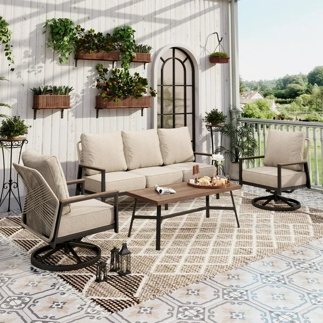 Sophia & William 4 Pieces Metal Rattan Patio Furniture Set 5-Seat Outdoor Conversation Set with S... | Walmart (US)