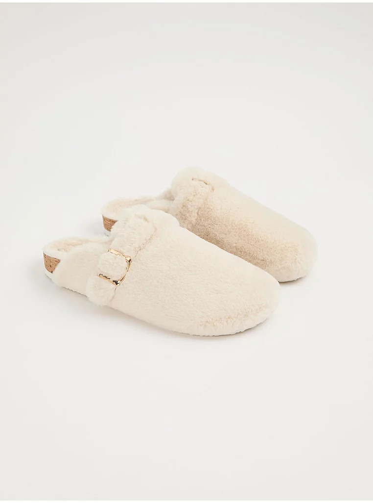 Cream Faux Fur Buckle Strap Mule Slippers | George at ASDA