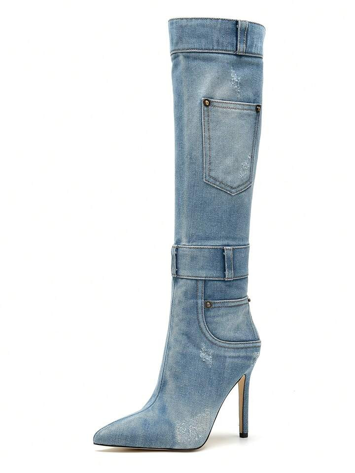 Women's Fashionable High Heel Cowboy Boots With Thin Heel And Denim Fabric | SHEIN
