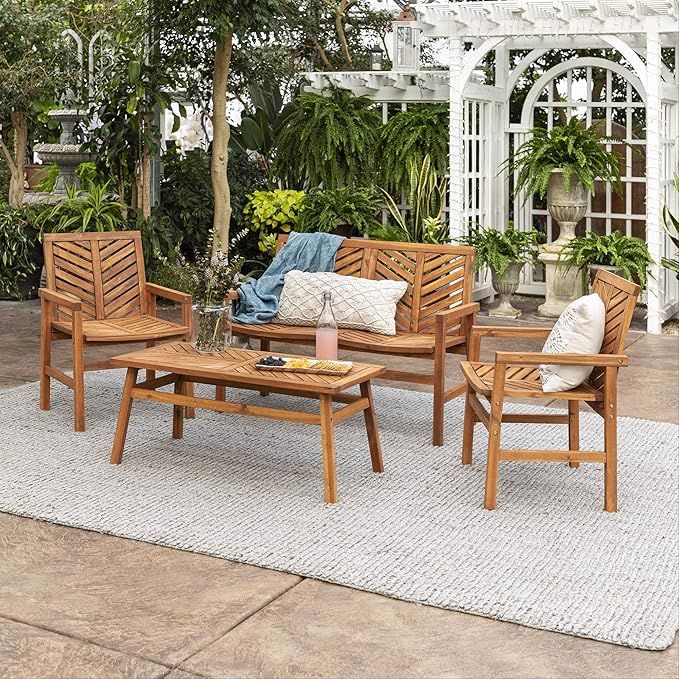 Walker Edison 4 Person Outdoor Wood Chevron Patio Furniture Set Loveseat Chairs Coffee Table All ... | Amazon (US)