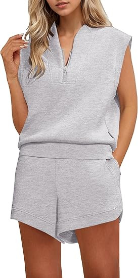 Women Two Piece Outfits Half Zip Sweatshirt Shorts Set Cap Sleeve Sweatshirt High Drawstring Wais... | Amazon (US)