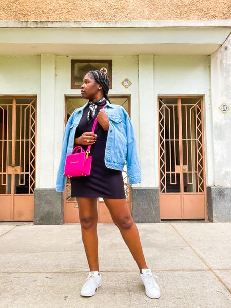 The most comfortable tee shirt dress and sneakers pulled together with a silk scarf and boyfriend denim jacket  

#LTKxadidas #LTKunder100 #LTKstyletip