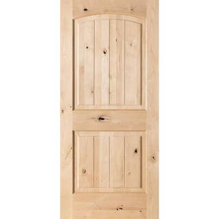 36 in. x 80 in. Rustic Knotty Alder 2-Panel Top Rail Arch V-Groove Unfinished Wood Front Door Sla... | The Home Depot