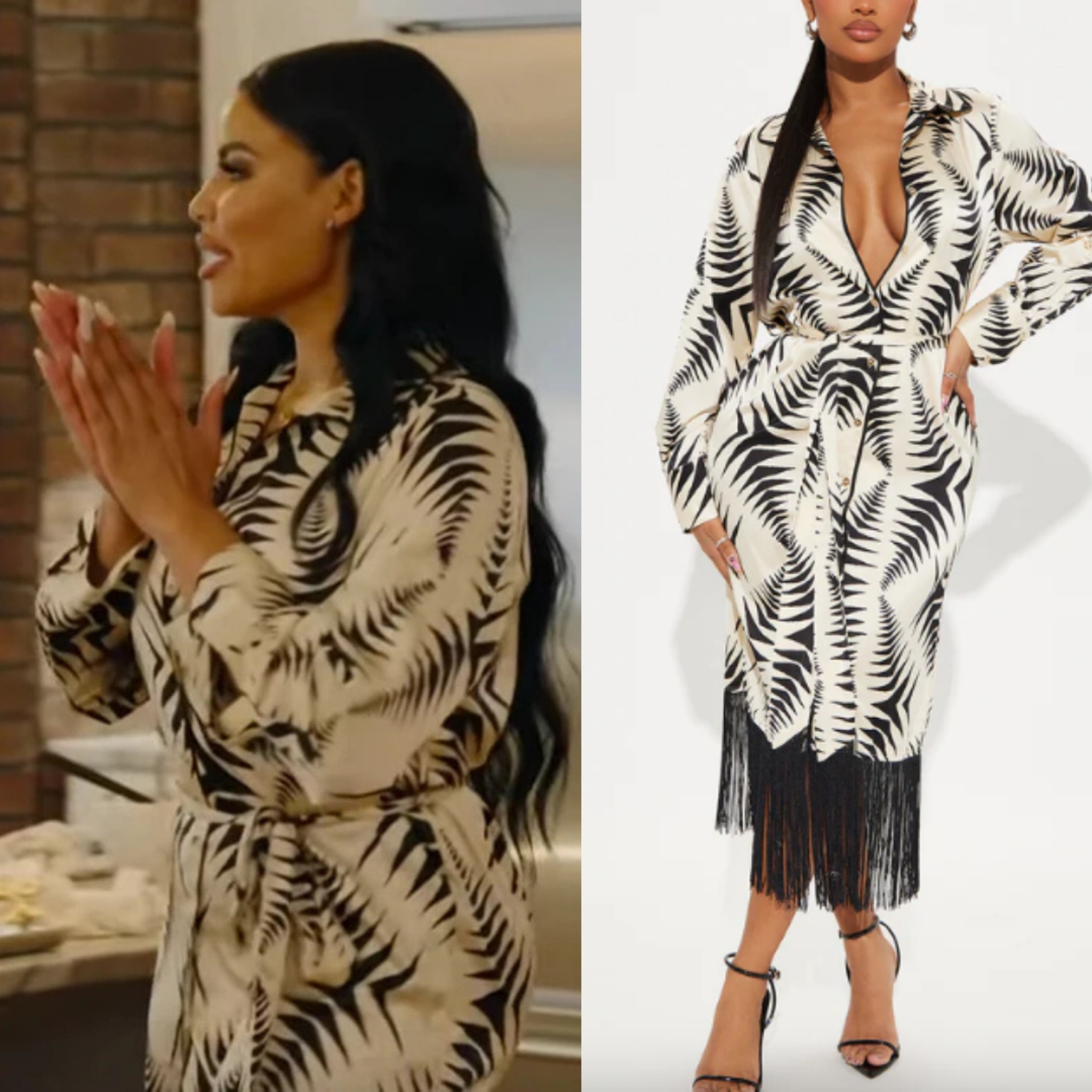 Mia Thornton’s Black and White Printed Fringe Dress is from Fashion Nova