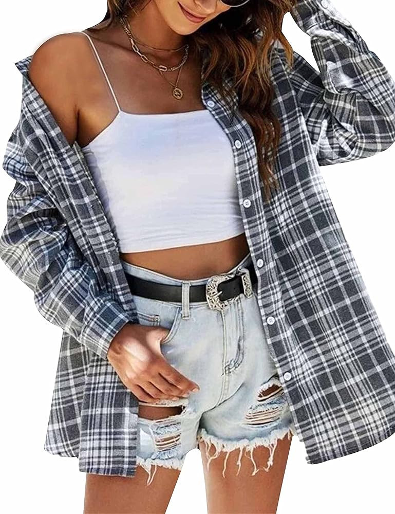 HangNiFang Womens Flannel Plaid Shirts Oversized Lightweight Button Down Shirts Blouse | Amazon (US)