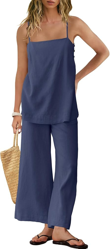 Panadila 2 Piece Linen Set Summer Travel Beach Vacation Outfit Sexy Spaghetti Strap Tank Top and ... | Amazon (US)