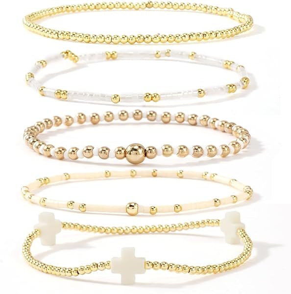 Gold Beaded Bracelets Stack for Women Stackable 14K Gold Plated Beads Ball Cross Bracelet Boho Ch... | Amazon (US)