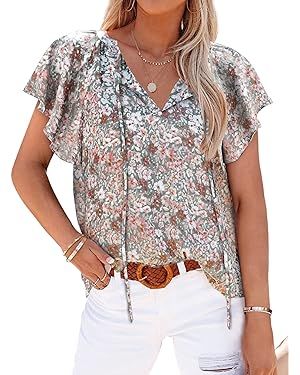 Mansy Women's Casual Floral Print V Neck Ruffle Short Sleeve Summer Shirts Tops Loose Blouses | Amazon (US)