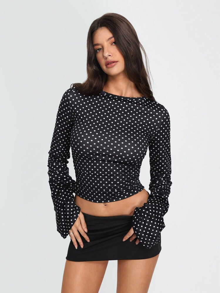 TRNVIE Polka Punkt Muster Geraffte Glockenärmel Langarm T-Shirt, Mode | SHEIN