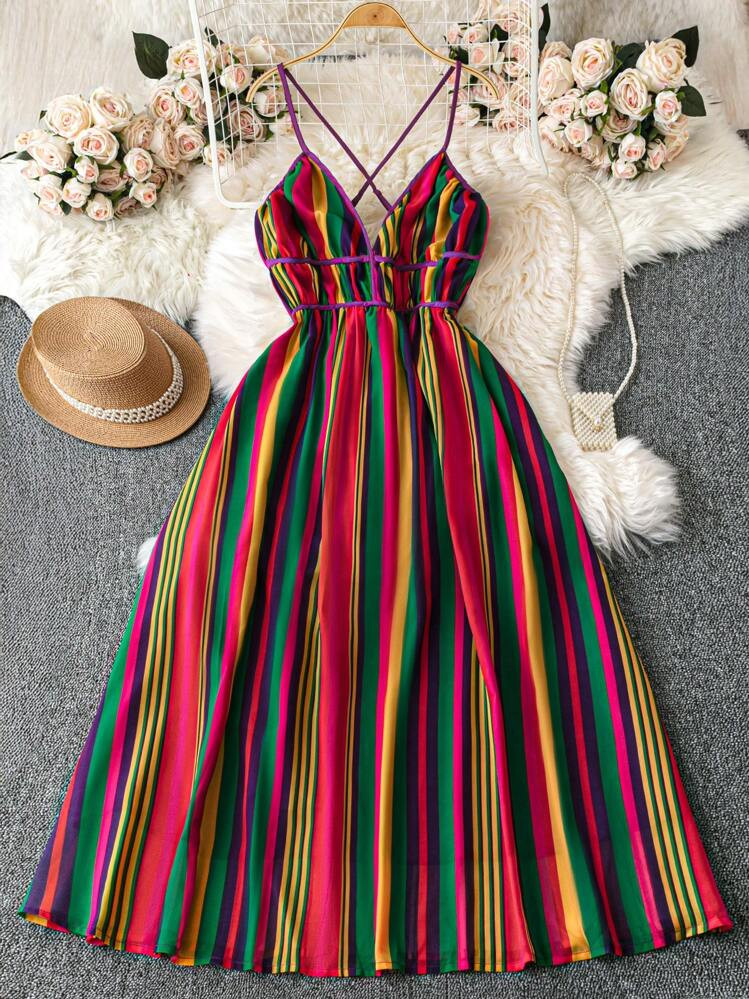 SHEIN LUNE Romantic Vacation Rainbow Striped V-Neck Waist Cinching A-Line Backless Swing Summer D... | SHEIN