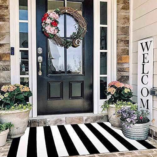 Black and White Striped Rug Outdoor 3'x 5', Cotton Hand-Woven Striped Door Mat, Reversible Foldab... | Amazon (US)