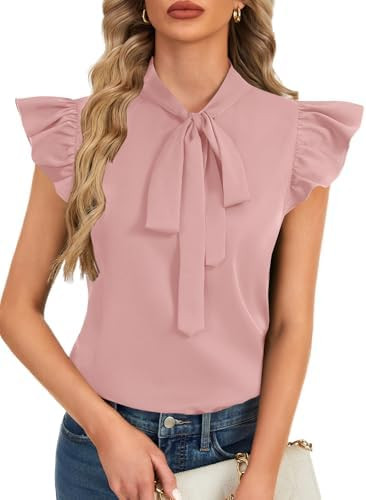 Rooscier Women's Bow Tie Neck Ruffle Cap Sleeve Elegant Office Blouse Shirt Tops | Amazon (US)