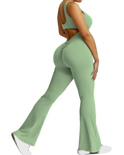 AURUZA Jumpsuits for Women, Workout V Back Womens Jumpsuit Seamless One Piece Tummy Control Jumpsuit Scrunch Yoga Jumpsuits, M, Green | Amazon (US)