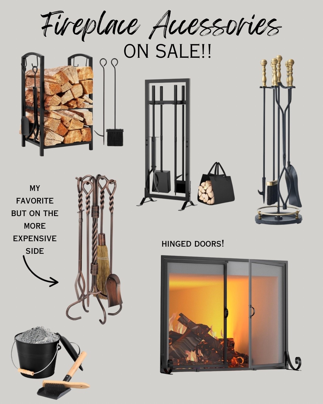 Who doesn’t love a pretty fireplace set!? Of course my favorite has to be the most pricey🤦‍♀️. I thought the fireplace screen with the hinged doors was genius! Shop by clicking the thumbnails! Fireplace accessories, fireplace tools, fireplace equipment, fireplace essentials 

#LTKvlog #LTKHome #LTKSaleAlert