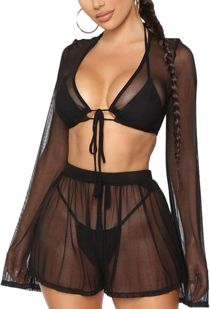 REDWOON Womens Sheer Mesh Beach Bikini Cover Up Swimsuit Crop Top and Shorts Two Piece Outfits | Amazon (US)