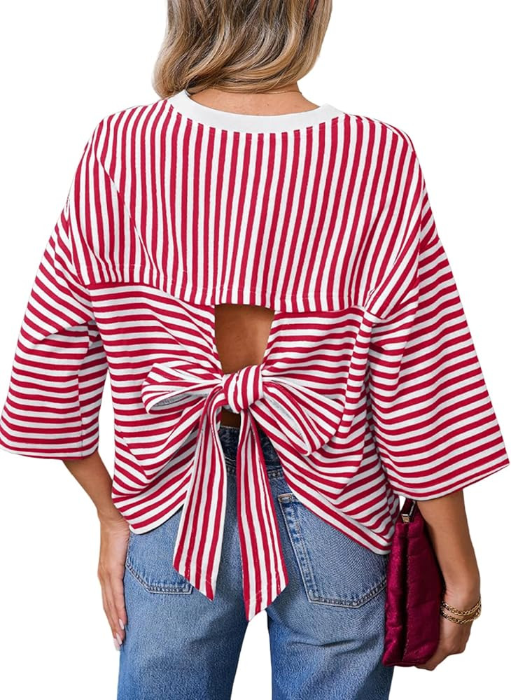 Dokotoo Womens Tops 2026 Striped Tie Back Short Sleeve T Shirts Crewneck Casual Loose Basic Tee S... | Amazon (US)