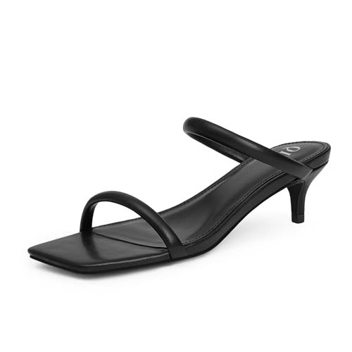 QIY Two Strap Kitten Heels Women Square Open Toe Slip on Slide Sandals - Black Comfortable Heels Size 7.5 | Amazon (US)