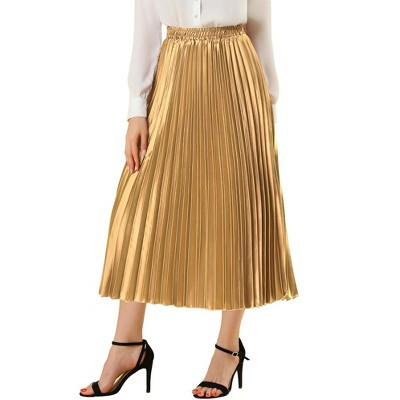 INSPIRE CHIC Women's Party Elastic Waist Metallic Shiny Accordion Pleated Midi Skirt Small Gold | Target