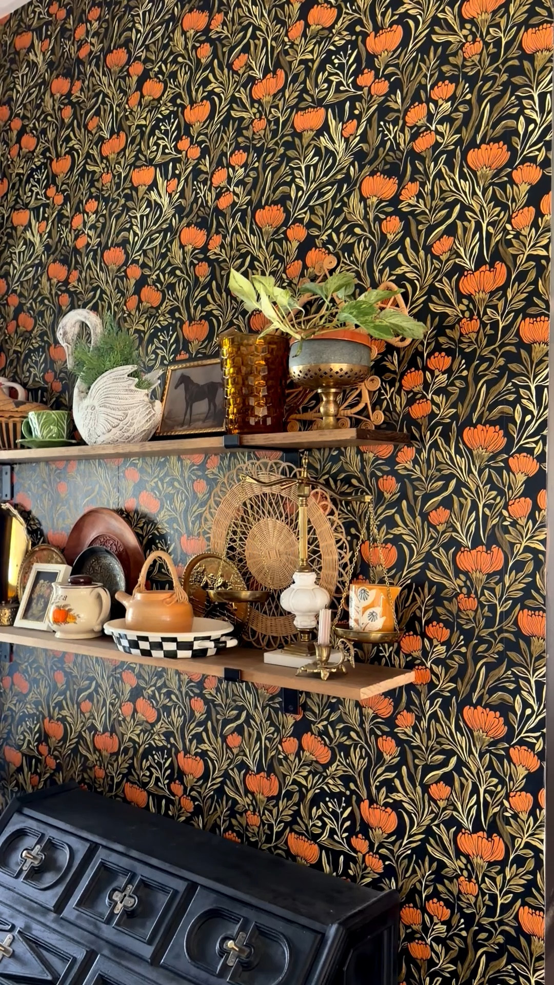 Some of my favorite Vintage, thrifted home decor finds! I can’t say ‘no’ to vintage plates, tea pots, planters… and anything brass! 
(Wallpaper is “Willowbrook Fields” from my signature line with Wallblush)

#LTKU #LTKstorytime #LTKdayinmylife