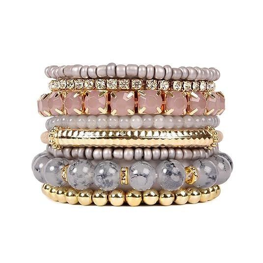 RIAH FASHION Multi Color Stretch Beaded Stackable Bracelets - Layering Bead Strand Statement Bangles | Amazon (US)