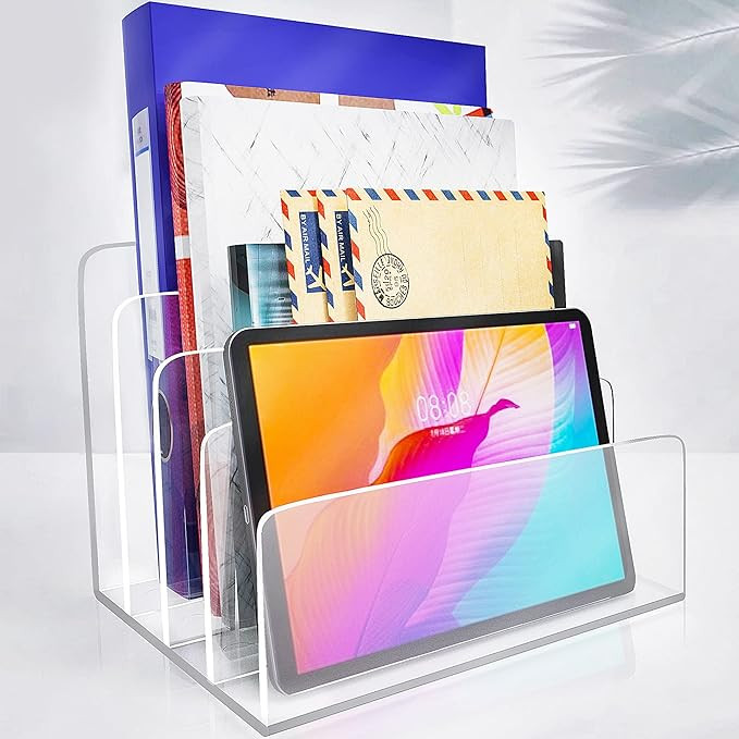 Clear Acrylic File Organizer, 4 Sections Acrylic File Holder Sorter, Office Desk Organizer for Fi... | Amazon (US)