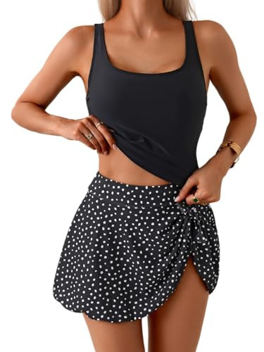 Eomenie Tankini Swimsuit for Women Tummy Control Two Piece Bathing Suit High Waisted Tank Top with Swim Skirt Black Polka Dot | Amazon (US)
