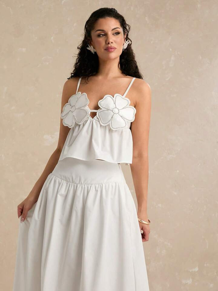 Enchnt Spring/Summer Romantic Vacation Women's White Sparkle Rhinestone 3D Flower Decor Camisole Tank Top And Long Skirt Set,Sweet&Elegant&Modest&Sexy Two Pieces Outfits For Easter&Birthday&Holiday Party &Sweet Date&Wedding&Graduation Season&Beach Vacation&Boho Chic | SHEIN