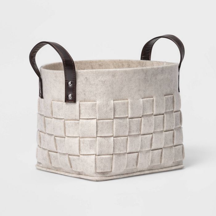 Small Woven Felt Rectangular Basket with Faux Leather Handles White - Threshold&#8482; | Target
