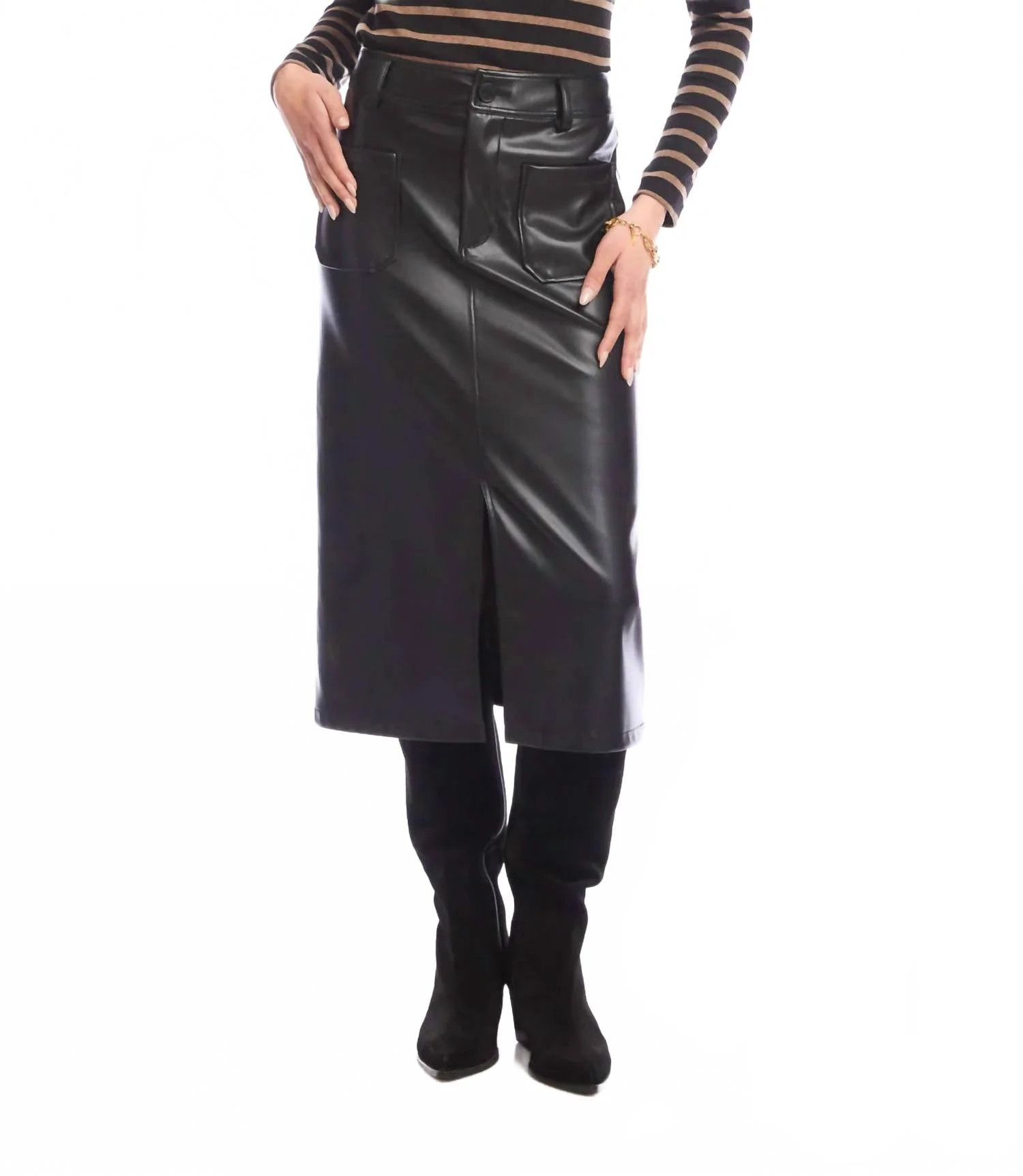Faux Leather Midi Skirt In Black | Shop Simon