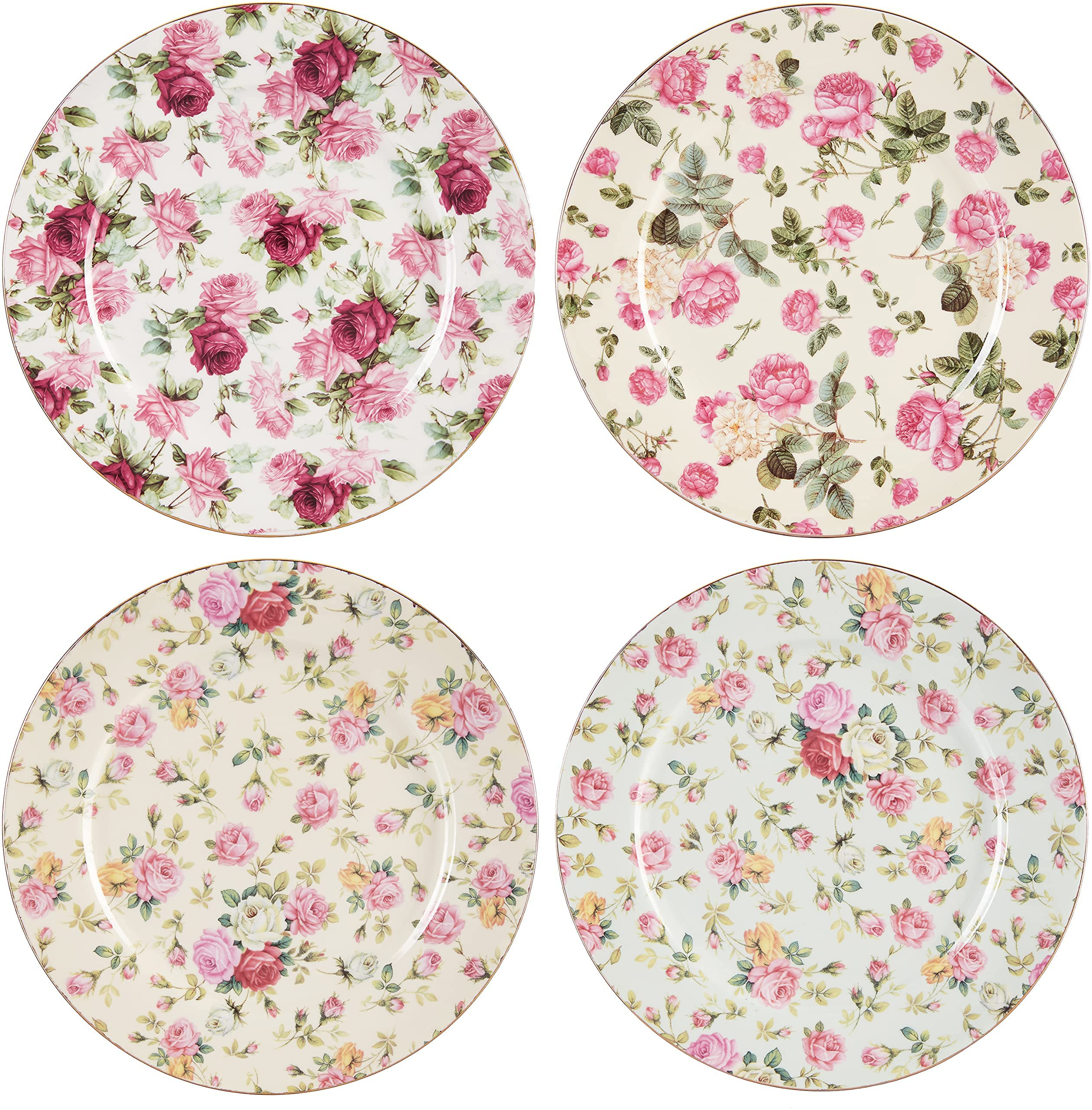 Gracie China Rose Chintz Porcelain 8-Inch Dessert Plate Set of 4, Assorted Four Designs | Amazon (US)