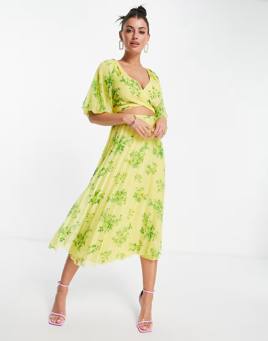 ASOS DESIGN wrap around pleated midi dress in yellow floral print-Multi | ASOS (Global)