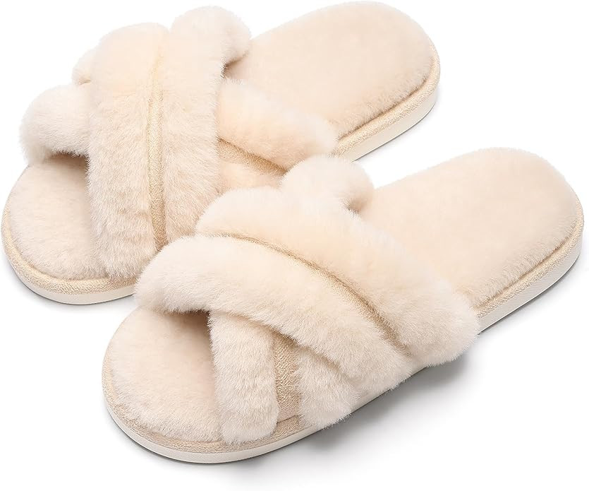 Evshine Women's Fuzzy Slippers Cross Band Memory Foam House Slippers Open Toe | Amazon (US)