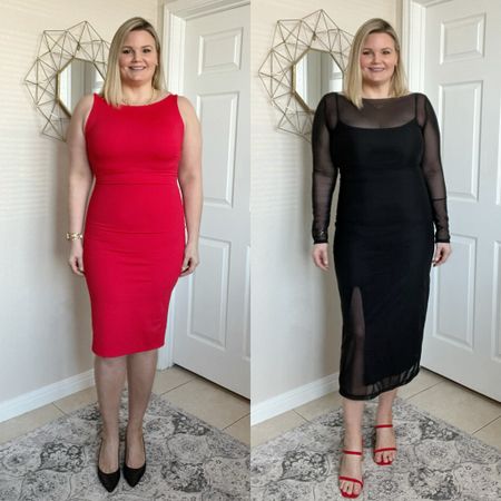 Built in shapewear dresses. Wearing size large in both. Black dress can be worn with just the slip dress or layered with the mesh over. Date night  

#LTKover40 #LTKmidsize #LTKstyletip