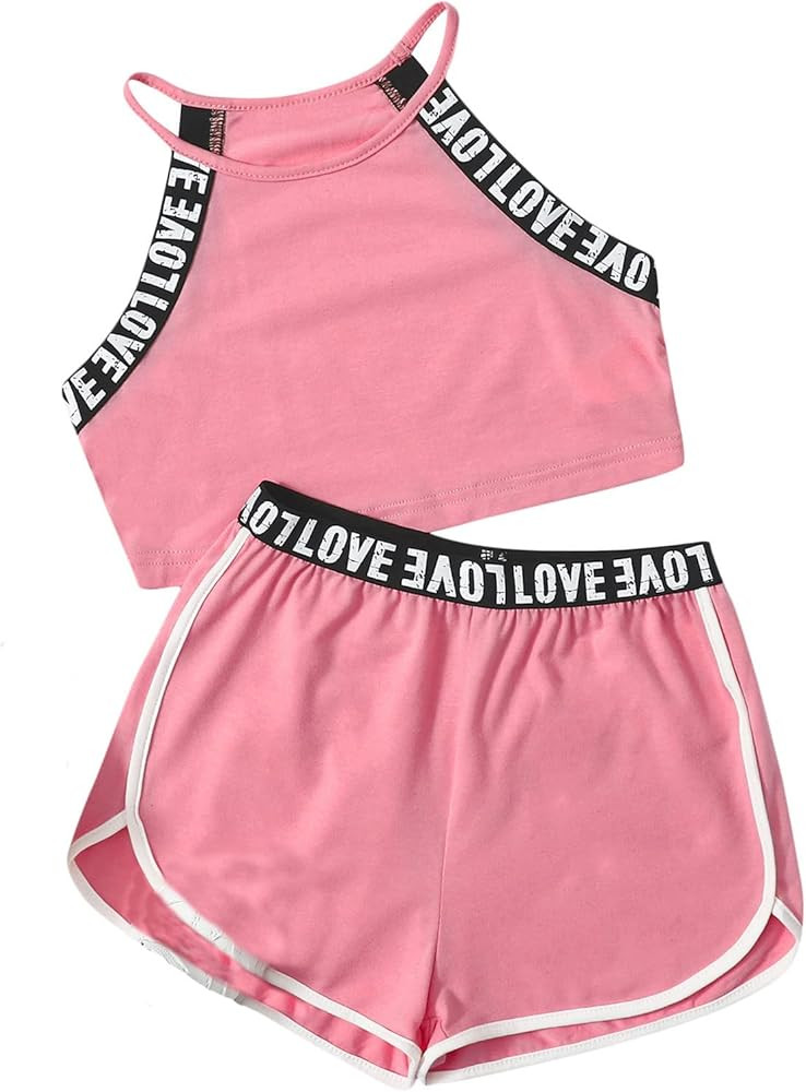 Milumia Girl's 2PCS Outfit Letter Tape Halter Cami Crop Top and Dolphin Shorts Set | Amazon (US)