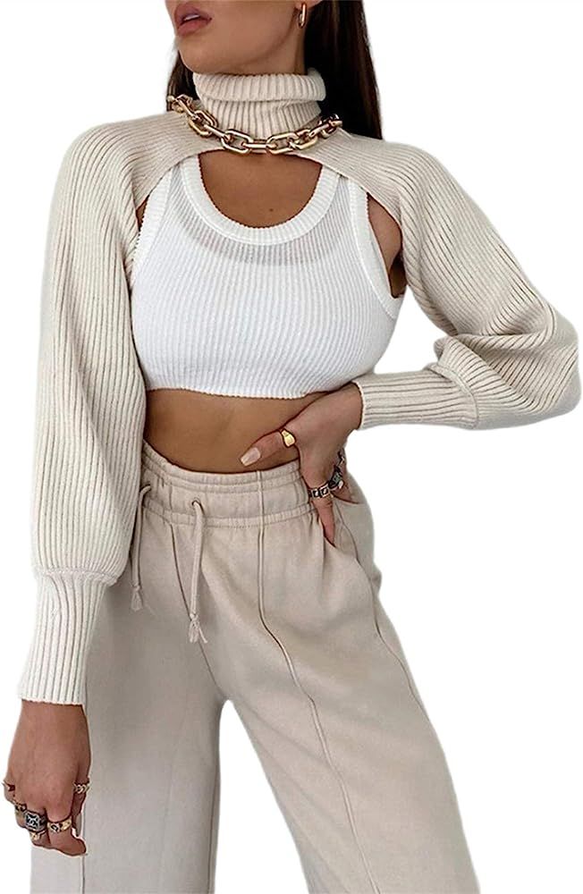 Women's High Collar Long Puff Sleeve Sweater Knitwear Pullover Crop Top Ultra Short Cropped Sweat... | Amazon (US)