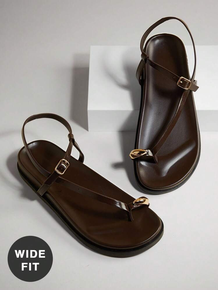 SHUZIA Wide-Fit Women's Comfortable Gold Metal Toe Ring Flat Sandals For Christmas Valentine's Day | SHEIN