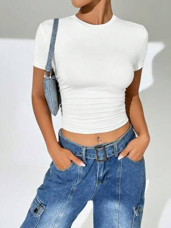 SHEIN EZwear Solid Ruched Side Crop Tee | SHEIN