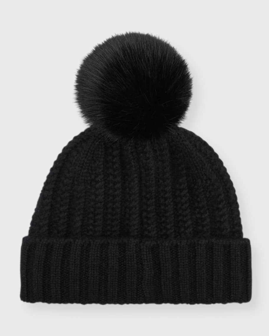 Sofia Cashmere Braided Knit Cashmere Beanie With Faux Fur Pom | Neiman Marcus