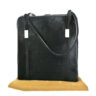 GUCCI Logo Shoulder Bag Calf Skin Fur Leather Black Silver Italy 02YA509  | eBay | eBay US