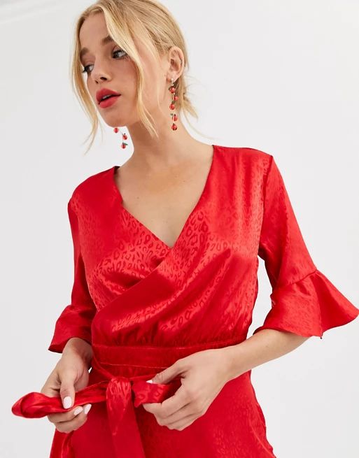 Dark Pink satin ruffle hem midaxi dress in red leopard | ASOS (Global)