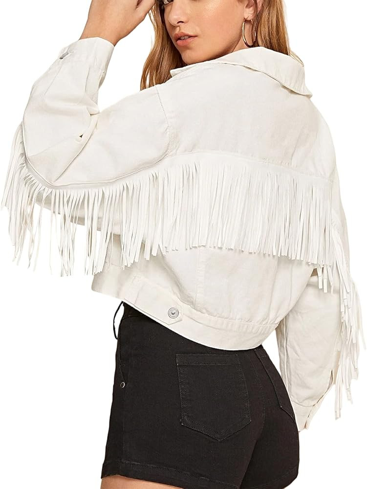 ARSSM Women's White Fringe Denim Jacket Cropped Y2k Stylish Tassel Fringe Denim Fringe Jacket for... | Amazon (US)