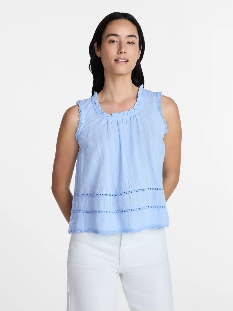 Time and Tru Women's Lace and Ruffle Cotton Tank Top, Sizes XS-XXXL | Walmart (US)