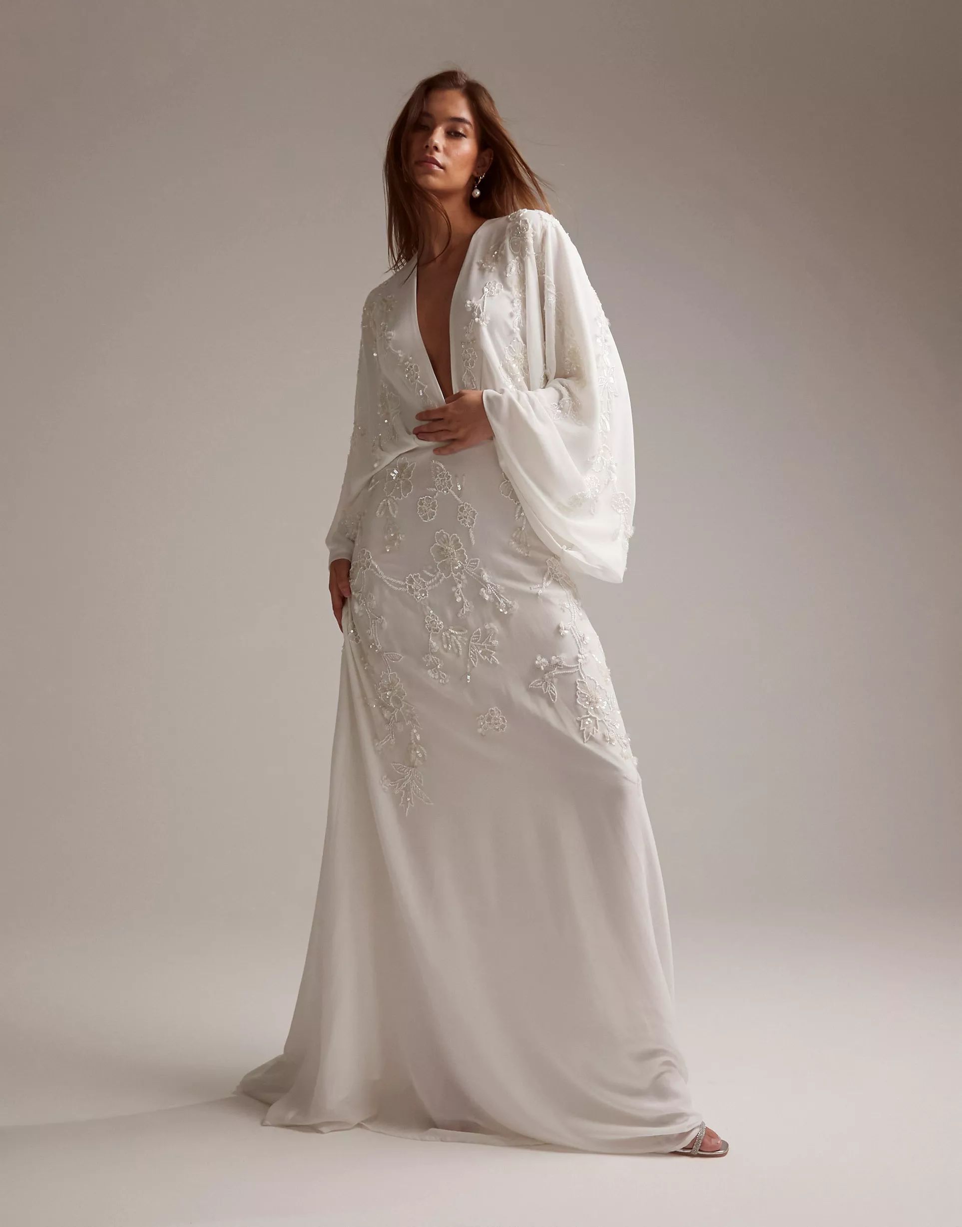 ASOS DESIGN Lisa drape sleeve plunge wedding dress with floral embellishment in | ASOS | ASOS (Global)