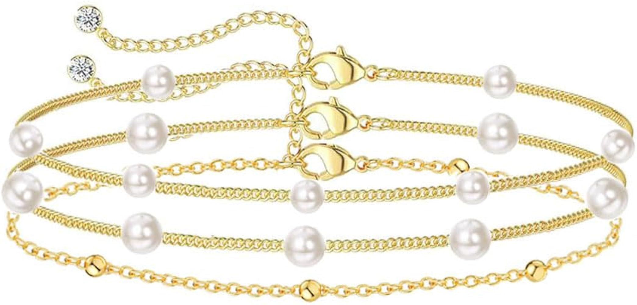Pearl Bracelets for Women Dainty 14K Gold Plated Layered Pearl Bracelet Non Tarnish Satellite bra... | Amazon (US)