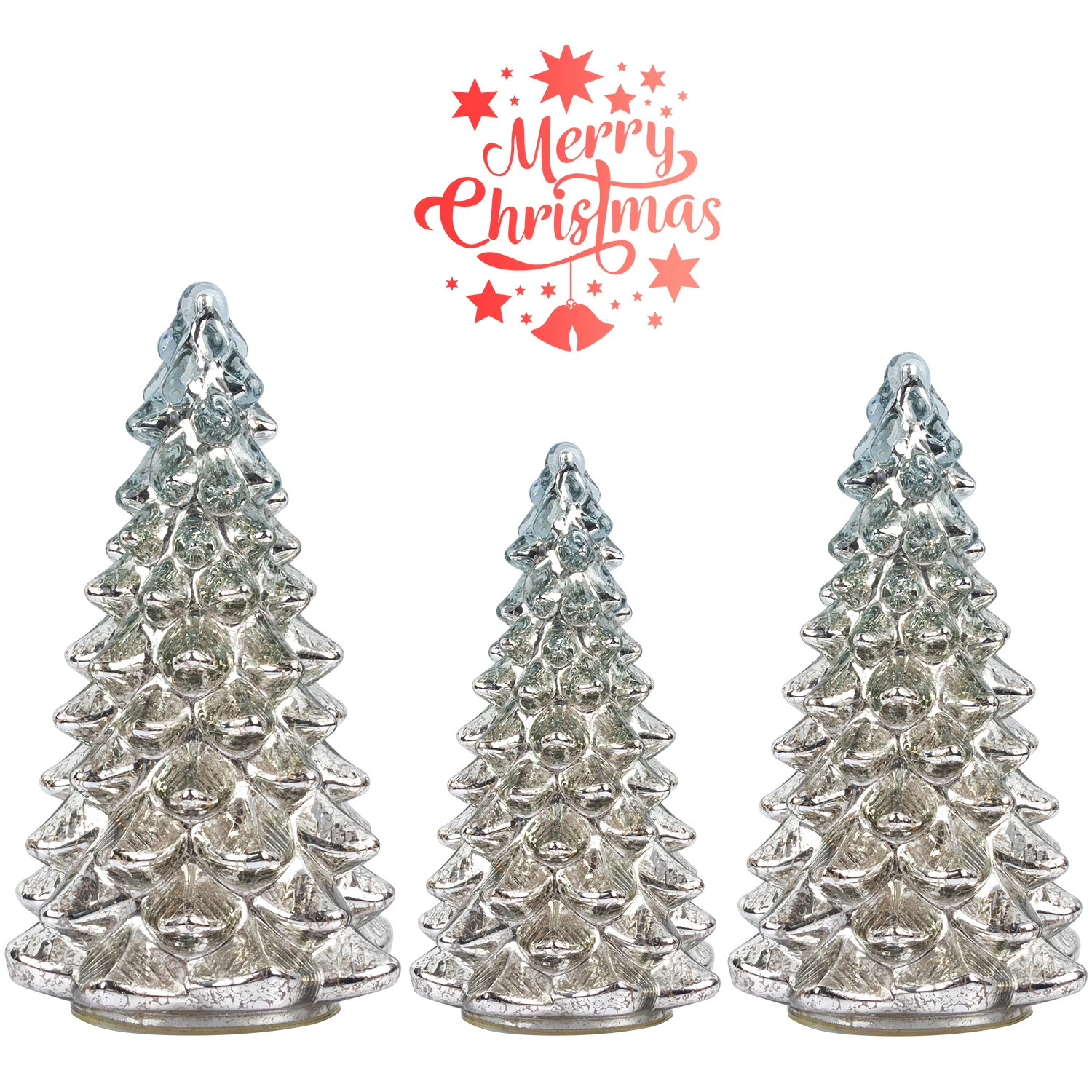 Lighted Glass Christmas Tree Figurine With Timer Set Of 3 Mercury Glass Christmas Decoration Batt... | Wayfair North America
