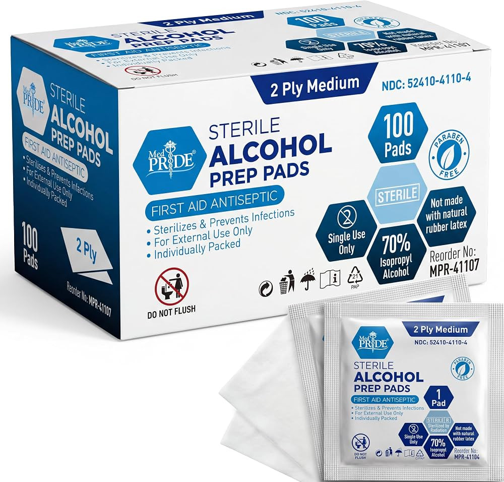 MED PRIDE Sterile Alcohol Prep Pads, Antiseptic, Individually Wrapped, Medical Grade, Latex Free,... | Amazon (US)