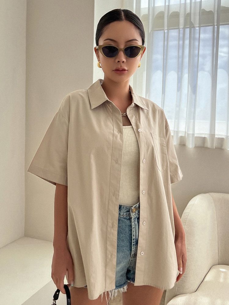 DAZY Solid Button Up Drop Shoulder Shirt | SHEIN