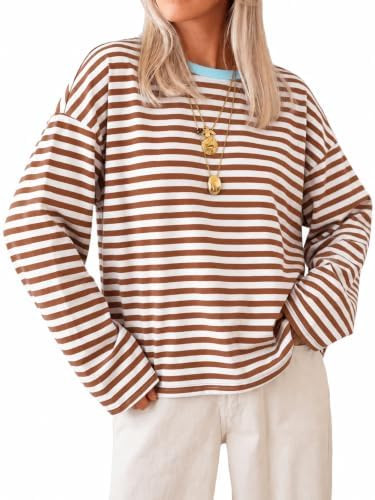 Cicy Bell Womens Striped Long Sleeve Shirts Crew Neck Casual Cotton Tops | Trendy Casual, Loose F... | Amazon (US)