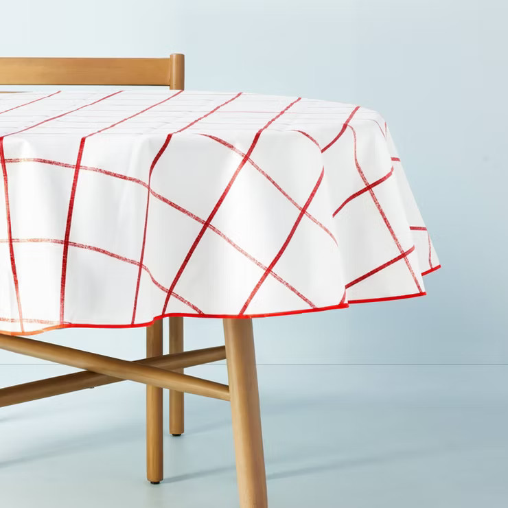 70" Distressed Grid Lines Wipeable Oil-Cloth Round Tablecloth Red/Cream - Hearth & Hand™ with M... | Target