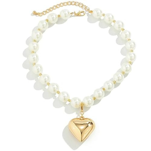 Hisgeru Heart Necklaces Chunky Puffy Heart Choker Necklace for Women Chunky Gold Necklace Chunky Necklaces to Woman Cute Necklaces for Women Jewelry (Pearl) | Amazon (US)